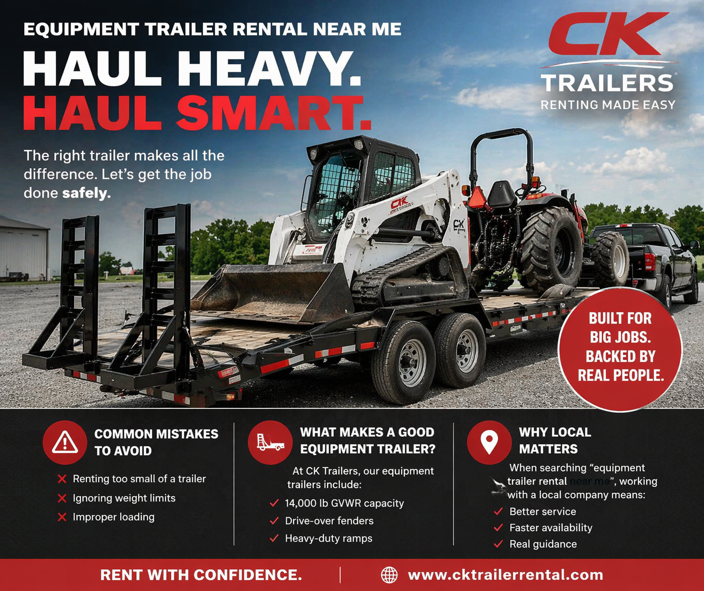 CK Trailers infographic about hauling heavy equipment safely — common mistakes, trailer specs, and why local matters